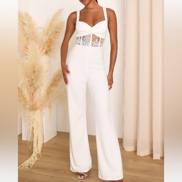 Lulus Pants - NWT Lulus Adore the Feeling White Sheer Lace Bustier Twist-Front Jumpsuit